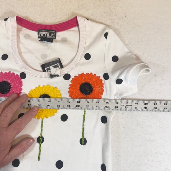 Berek 2 Floral T-Shirt Sm Short Sleeve White Scoop Neck Beads Jewels Embroidery - Picture 6 of 13
